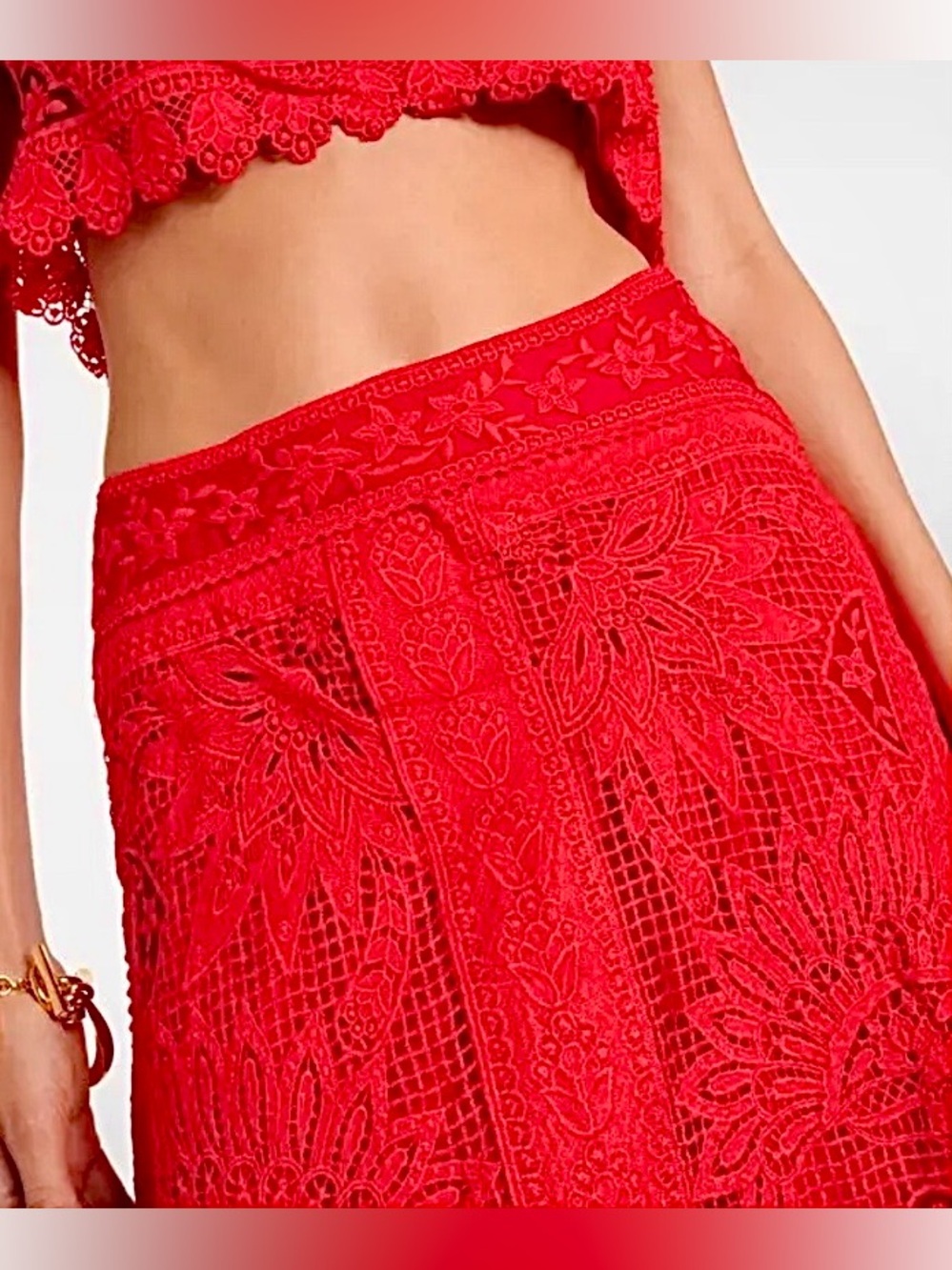 New FARM Rio Toucan Guipure Crochet Red Lace Midi Skirt Medium Cocktail Party - Picture 1 of 16